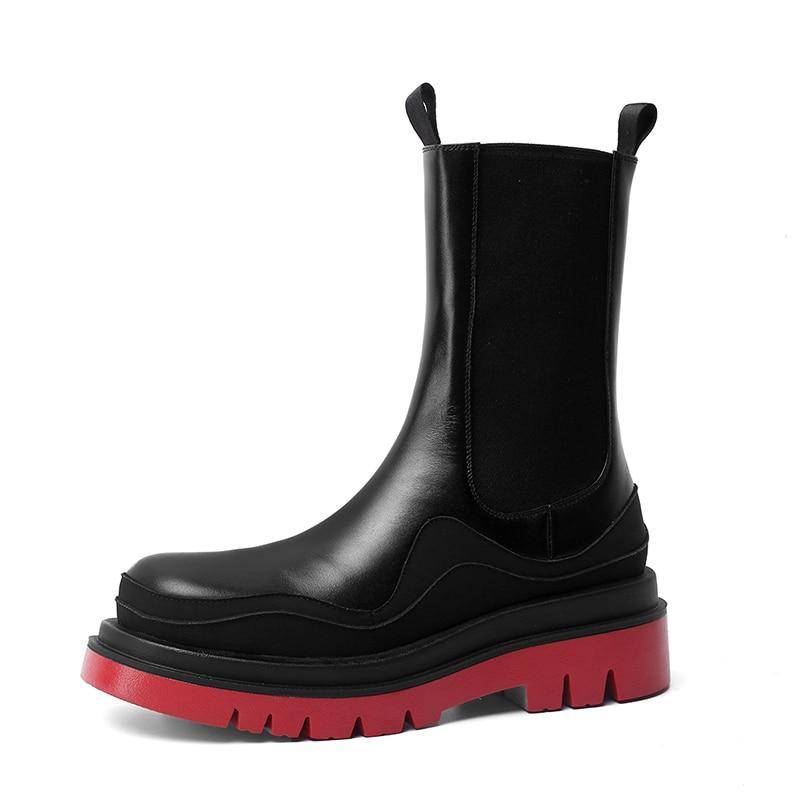 Frauen Echtes Leder Dicken Boden Frühling Herbst Mid Stiefel Schuhe Elastische Kampfstiefel 39 rot von Joom DACH