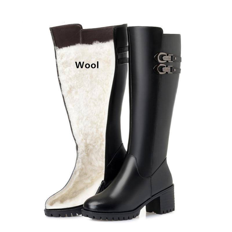 Frauen Echtes Leder Winter Wolle High Heel Hohe Stiefel Große Größe Warme Schnee Stiefel Frauen 38 schwarz von Joom DACH