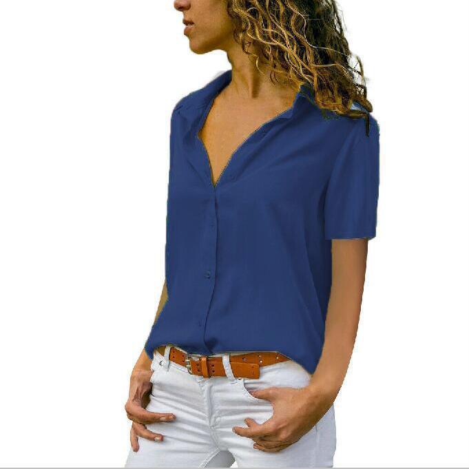 Frauen Einfarbig Kurzarm Drehen Unten Kragen Button Up Chiffon Bluse Plus Größe Sommer Tops M blau von Joom DACH