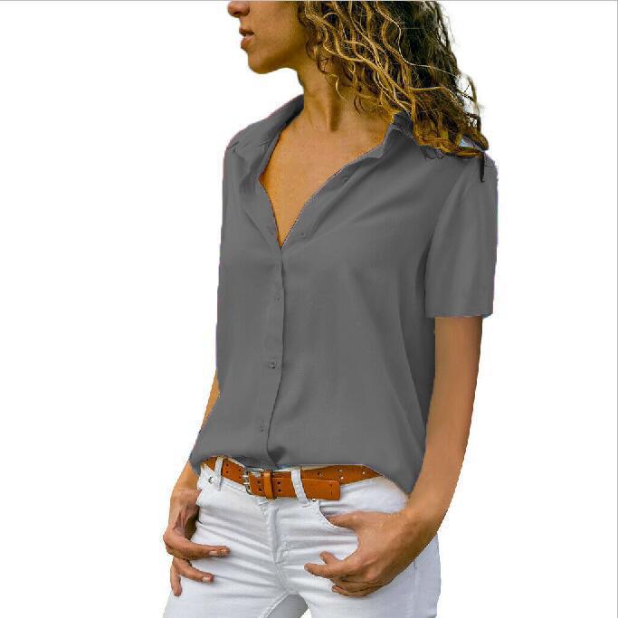Frauen Einfarbig Kurzarm Drehen Unten Kragen Button Up Chiffon Bluse Plus Größe Sommer Tops XL graue von Joom DACH