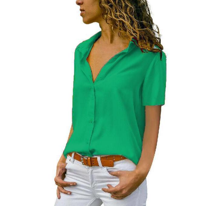 Frauen Einfarbig Kurzarm Drehen Unten Kragen Button Up Chiffon Bluse Plus Größe Sommer Tops XL von Joom DACH