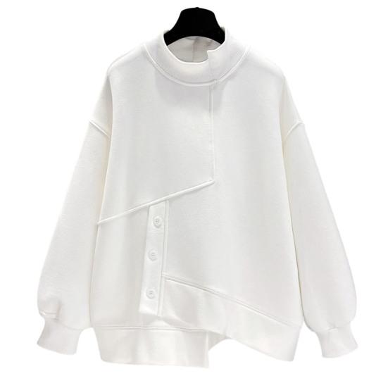 Frauen Einfarbig Sweatshirt Halbe Hülse Unregelmäßigen Hoher Kragen Langen Saum Pullover Tops Tasten Dekor Tops Streetwear L weiß von Joom DACH