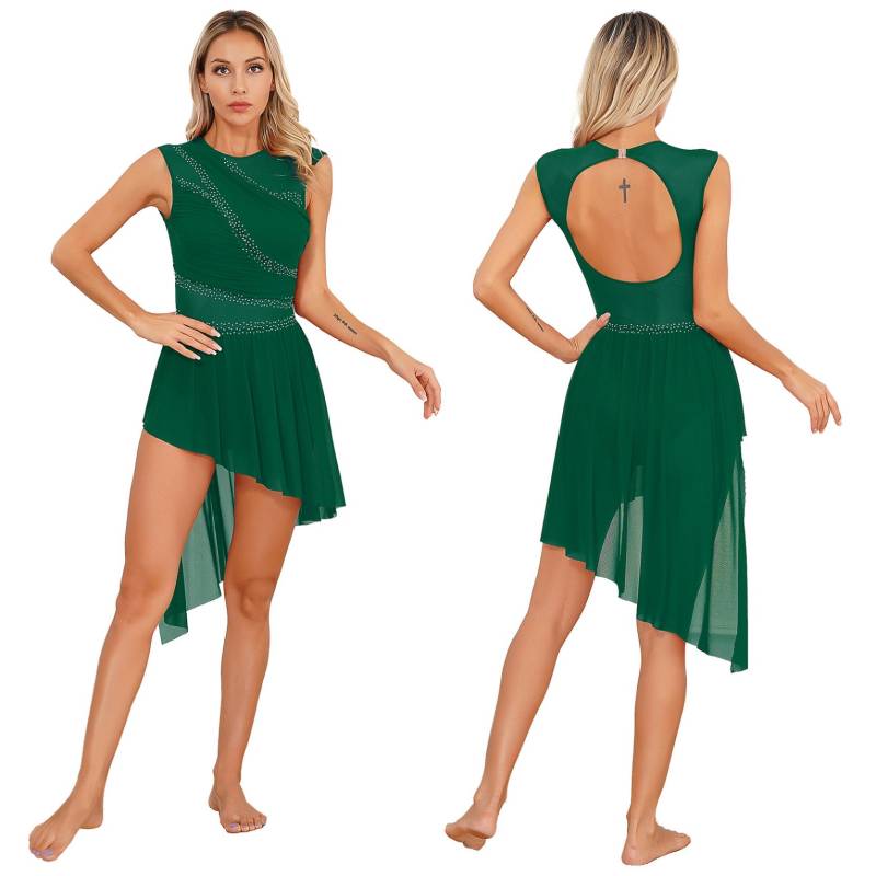 Frauen Eiskunstlauf Kleid Lyrical Dance Performance Kostüm Ärmellose Strass Hohl Zurück unregelmäßigen Saum Trikot Ballett Kleid M von Joom DACH
