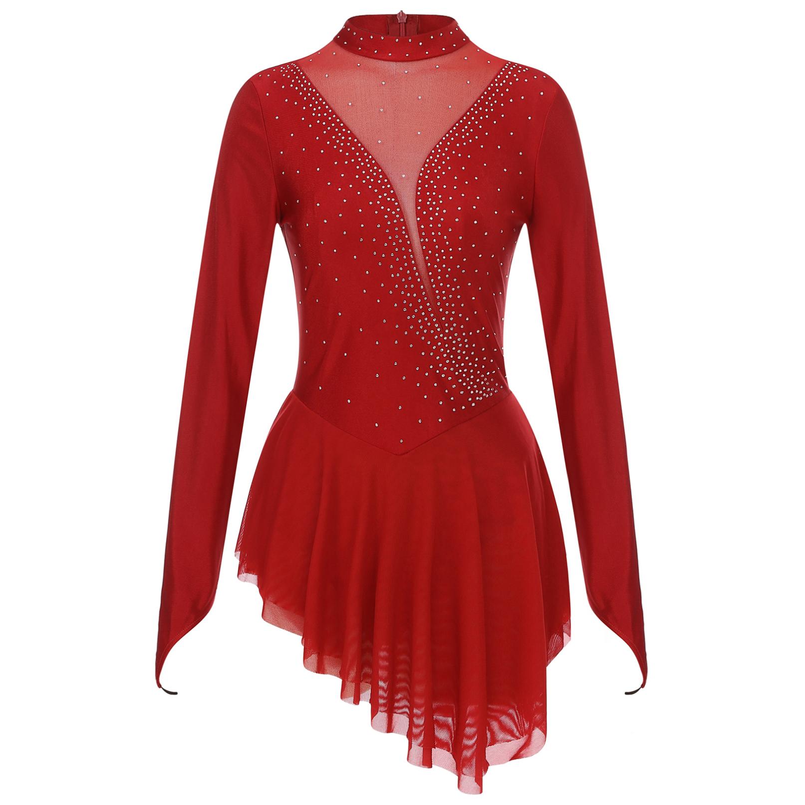 Frauen Eiskunstlauf Kostüm Langarm Glänzenden Strass Sheer Mesh Lyrical Dance Ballett Gymnastik Trikot Kleid M bordeaux von Joom DACH