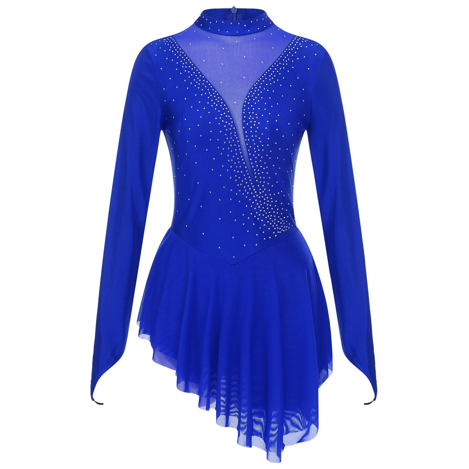 Frauen Eiskunstlauf Kostüm Langarm Glänzenden Strass Sheer Mesh Lyrical Dance Ballett Gymnastik Trikot Kleid S königsblau von Joom DACH