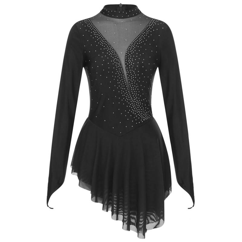 Frauen Eiskunstlauf Kostüm Langarm Glänzenden Strass Sheer Mesh Lyrical Dance Ballett Gymnastik Trikot Kleid S schwarz von Joom DACH