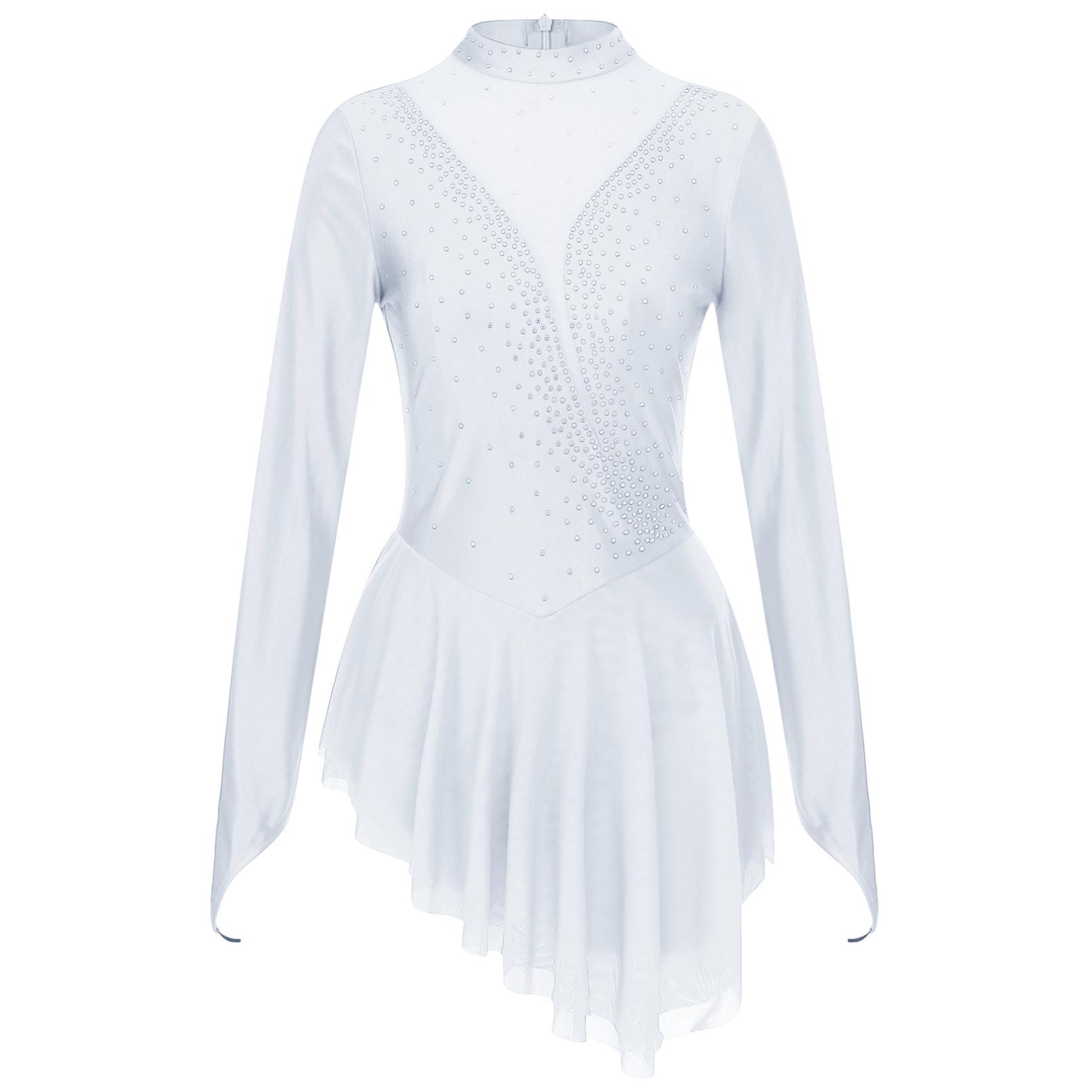 Frauen Eiskunstlauf Kostüm Langarm Glänzenden Strass Sheer Mesh Lyrical Dance Ballett Gymnastik Trikot Kleid S weiß von Joom DACH