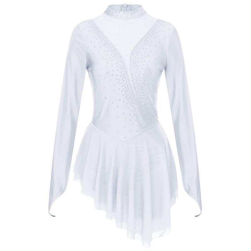Frauen Eiskunstlauf Kostüm Langarm Glänzenden Strass Sheer Mesh Lyrical Dance Ballett Gymnastik Trikot Kleid S weiß von Joom DACH
