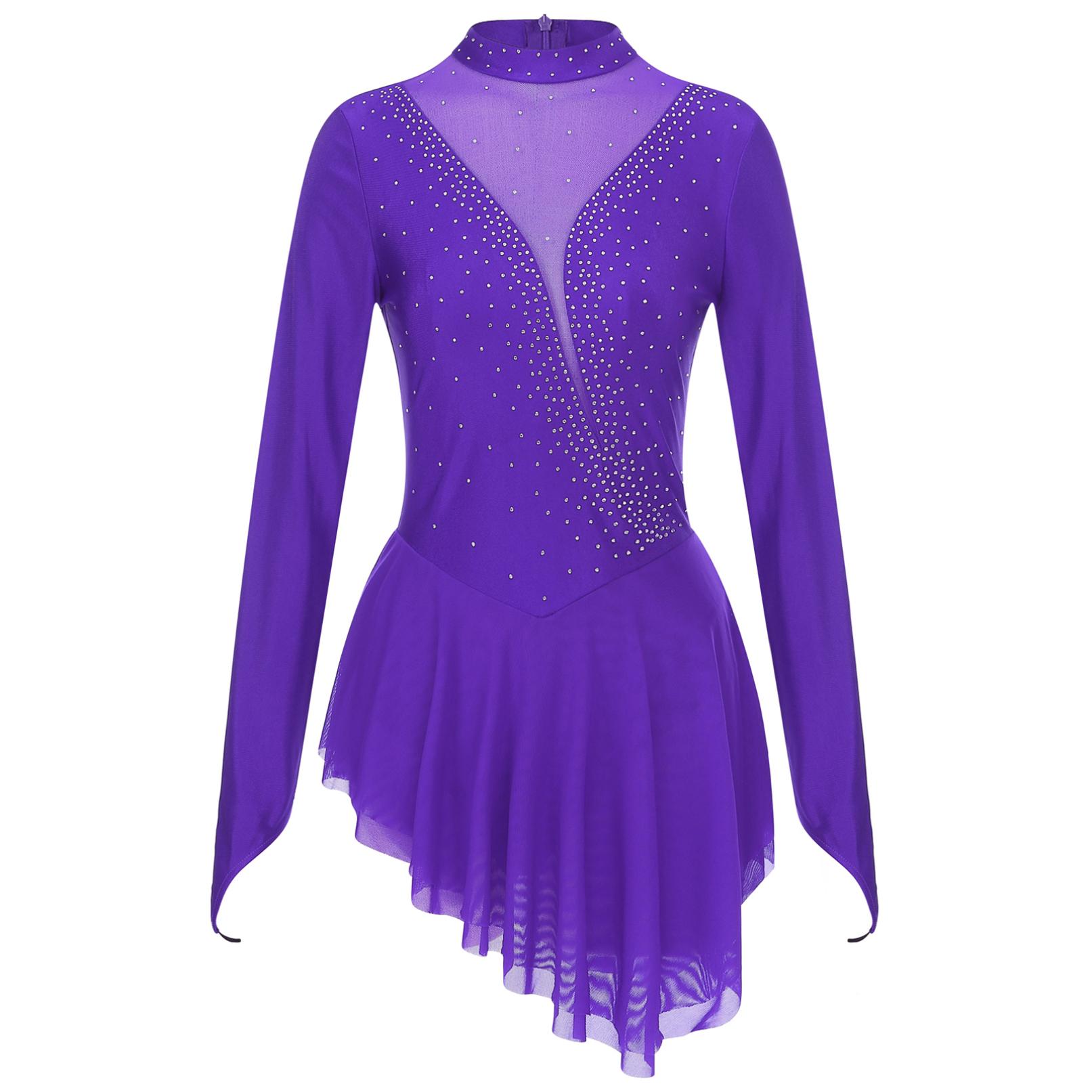 Frauen Eiskunstlauf Kostüm Langarm Glänzenden Strass Sheer Mesh Lyrical Dance Ballett Gymnastik Trikot Kleid XL violett von Joom DACH