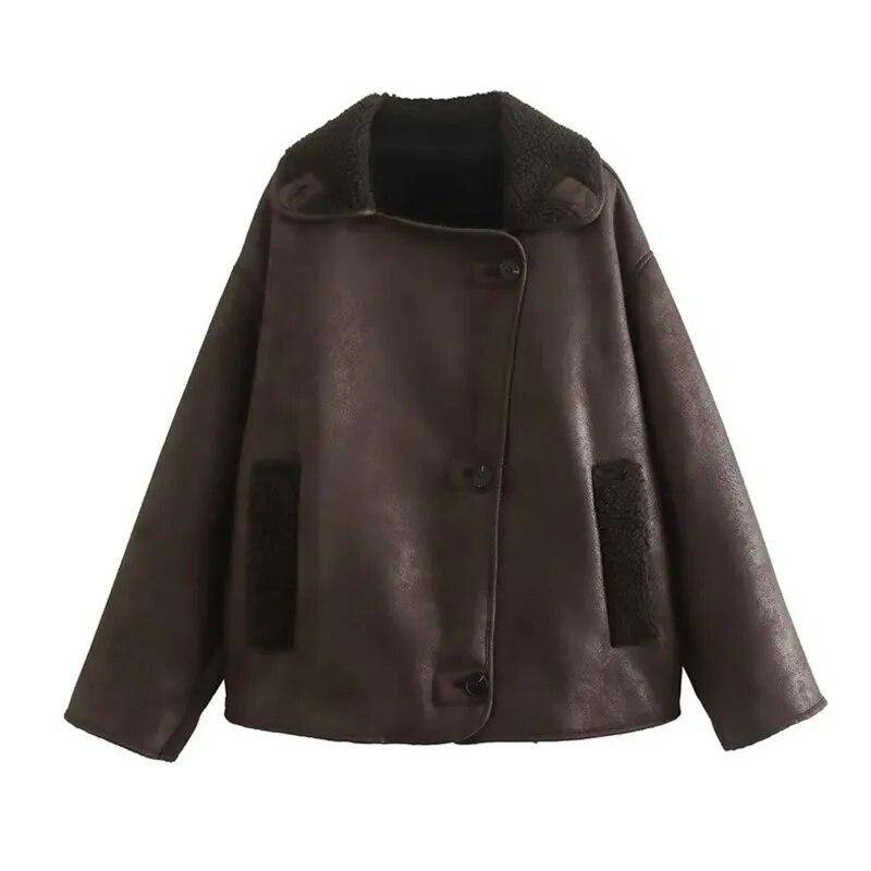 Frauen Faux Leder Lammwolle Jacke Herbst Winter Dicke Revers Vintage Einreiher Mäntel Dame Tasche Warme Oberbekleidung L dunkelbraune von Joom DACH
