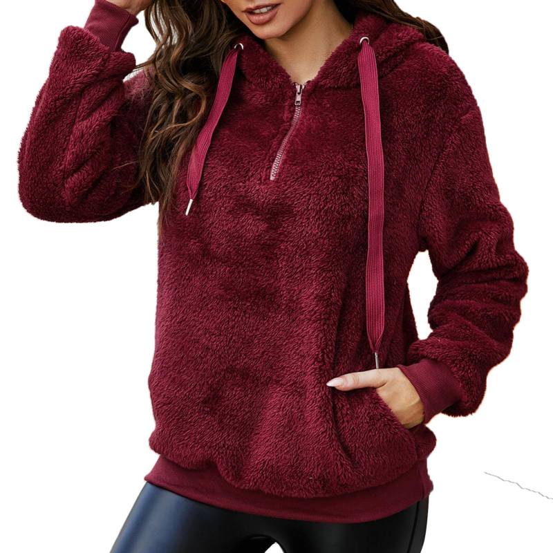 Frauen Fleece Hoodie Solide Taschen Langarm Warm Fuzzy Sweatshirt Pullover Herbst Winter Casual M bordeaux von Joom DACH
