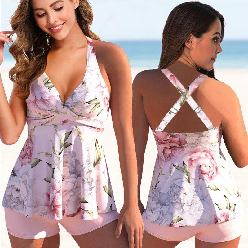 Frauen Floral Print Badeanzug Frauen Plus Größe Zwei Stück Drucken Swimdress 2024 Mädchen Strand Badeanzug Sommer Bademode Bikini 5XL XXL von Joom DACH