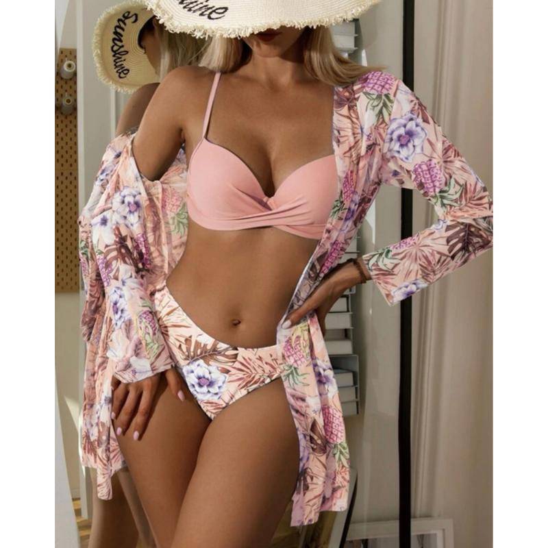 Frauen Floral Print Bikinis Set Sexy Drei Stück Strand Cover Up Push Up Sommer Langarm Twist Bademode Badeanzug M von Joom DACH