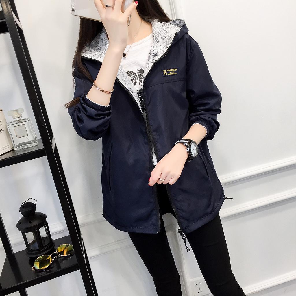 Frauen Frühling Herbst Mantel Weibliche Neue Lose Wilden Langen ärmeln Mit Kapuze Student Windjacke L navy blau von Joom DACH