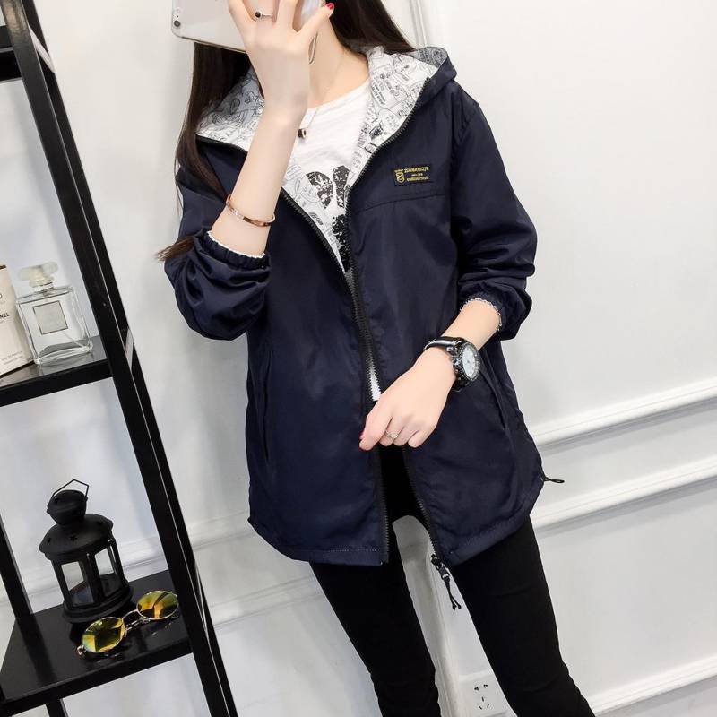 Frauen Frühling Herbst Mantel Weibliche Neue Lose Wilden Langen ärmeln Mit Kapuze Student Windjacke L navy blau von Joom DACH