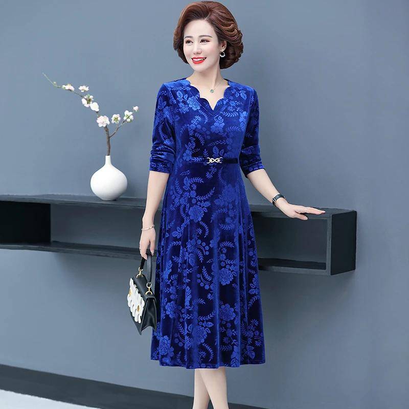 Frauen Frühling Herbst Midi Kleid Oansatz Langarm Taschen Design Druck Lose Fit Elegante Kleid Streetwear XXXXL blau von Joom DACH