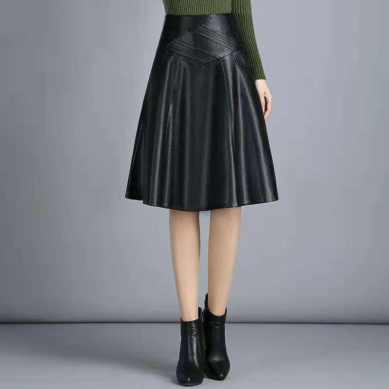 Frauen Frühling Herbst PU Leder Röcke Dame Hohe Taille A-linie Rock Midi Länge Schwarz Rock Frauen S von Joom DACH