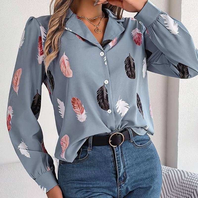 Frauen Frühling Herbst Temperament Feder Druck Anzug Kragen Langarm Hemd Blusen XL blau von Joom DACH