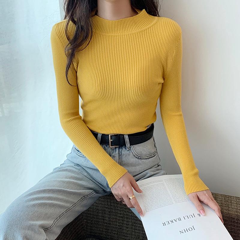 Frauen Frühling Herbst Winter Hälfte Rollkragen Pullover Pullover Jumper Primer Hemd Langarm Kurze Slim-fit Eng Chic Solide eine Größe OneSize gelb von Joom DACH