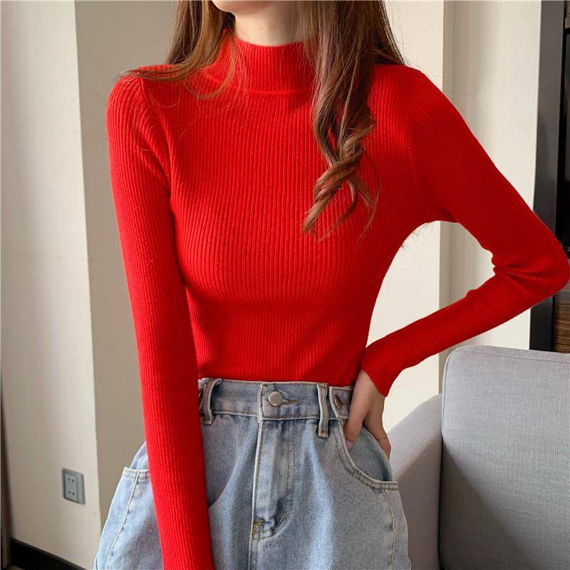Frauen Frühling Herbst Winter Hälfte Rollkragen Pullover Pullover Jumper Primer Hemd Langarm Kurze Slim-fit Eng Chic Solide eine Größe OneSize rot von Joom DACH