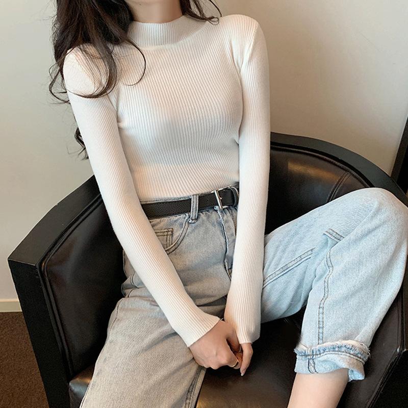 Frauen Frühling Herbst Winter Hälfte Rollkragen Pullover Pullover Jumper Primer Hemd Langarm Kurze Slim-fit Eng Chic Solide eine Größe OneSize von Joom DACH