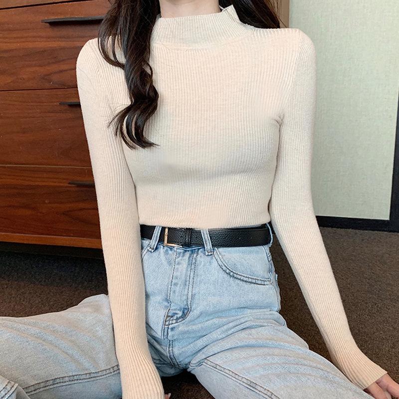 Frauen Frühling Herbst Winter Hälfte Rollkragen Pullover Pullover Jumper Primer Hemd Langarm Kurze Slim-fit Eng Chic Solide eine Größe OneSize von Joom DACH