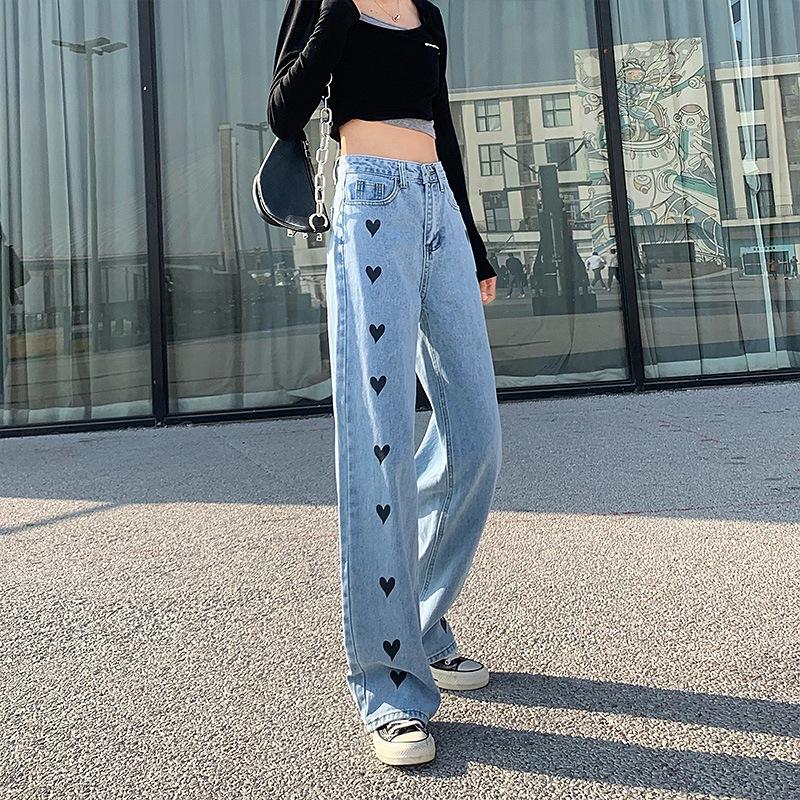Frauen Frühling Pfirsich Herz Hohe Taille Jeans Weibliche Dünne Lose Studenten Breite Beine Gerade Lange Hosen Damen Schlank S hellblaue von Joom DACH
