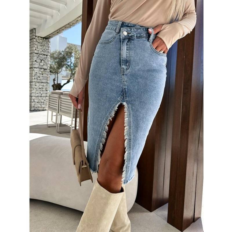 Frauen Frühling Sommer Denim Röcke Hohe Taille Bodycon Jeans Rock Damen Knielangen Casual Röcke M blau von Joom DACH