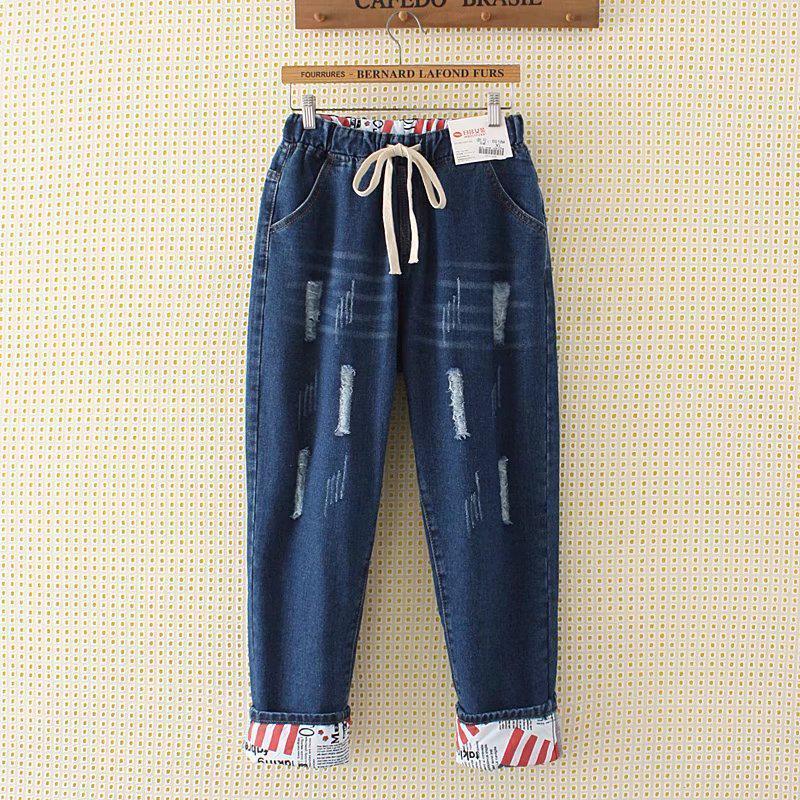 Frauen Frühling und Herbst Große Größe Hohe Taille Casual Hosen Lose Loch Jeans Denim Cropped Hosen 8XL blau von Joom DACH