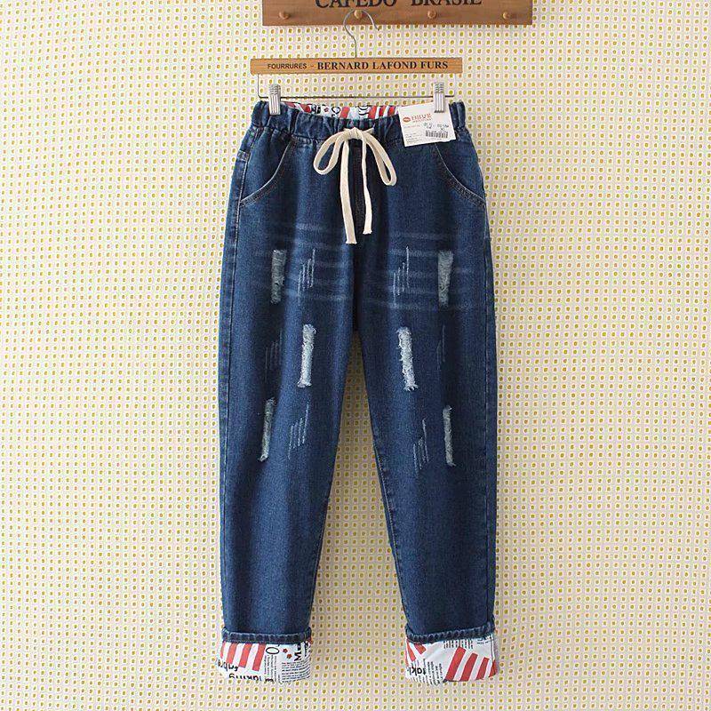 Frauen Frühling und Herbst Große Größe Hohe Taille Casual Hosen Lose Loch Jeans Denim Cropped Hosen 8XL blau von Joom DACH