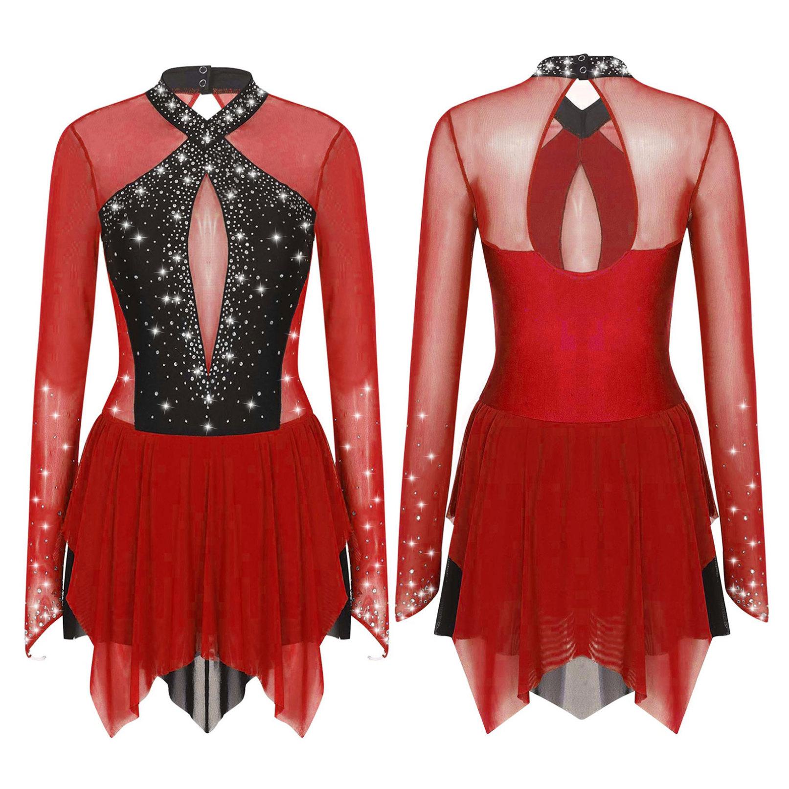Frauen Glänzende Strass Eiskunstlauf Kleid Ballett Rhythmische Gymnastik Lyrical Dance Kostüm Langarm Sheer Mesh Trikot Kleid L bordeaux von Joom DACH