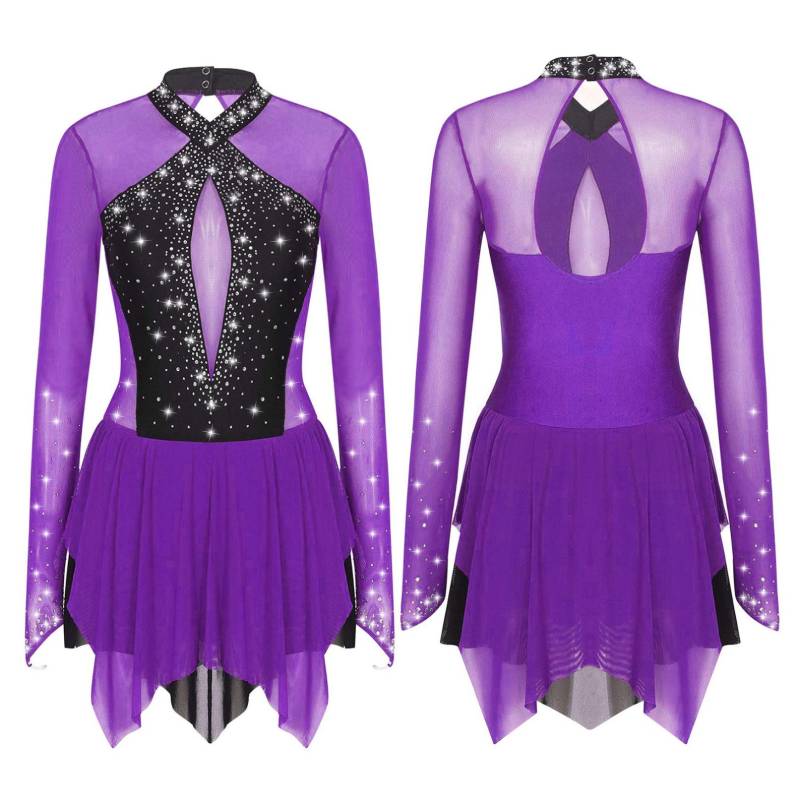 Frauen Glänzende Strass Eiskunstlauf Kleid Ballett Rhythmische Gymnastik Lyrical Dance Kostüm Langarm Sheer Mesh Trikot Kleid M violett von Joom DACH