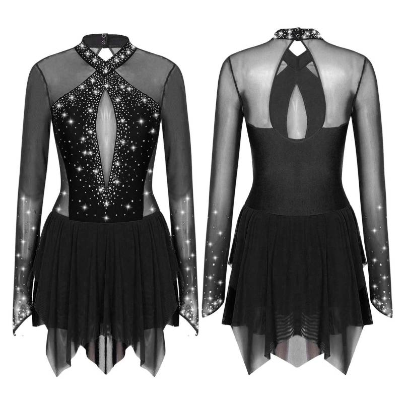 Frauen Glänzende Strass Eiskunstlauf Kleid Ballett Rhythmische Gymnastik Lyrical Dance Kostüm Langarm Sheer Mesh Trikot Kleid M schwarz von Joom DACH