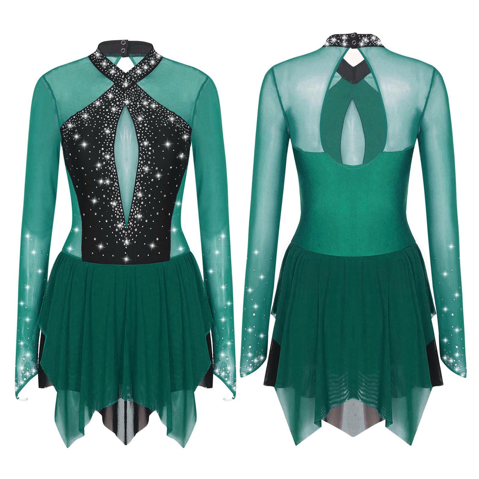 Frauen Glänzende Strass Eiskunstlauf Kleid Ballett Rhythmische Gymnastik Lyrical Dance Kostüm Langarm Sheer Mesh Trikot Kleid M dunkelgrüne von Joom DACH