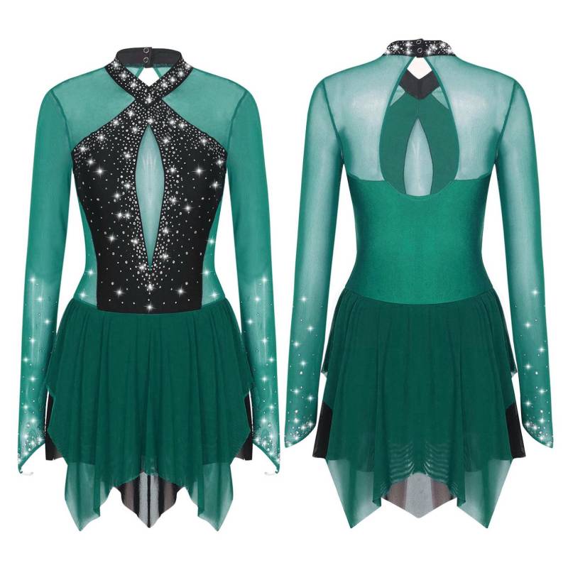 Frauen Glänzende Strass Eiskunstlauf Kleid Ballett Rhythmische Gymnastik Lyrical Dance Kostüm Langarm Sheer Mesh Trikot Kleid M dunkelgrüne von Joom DACH