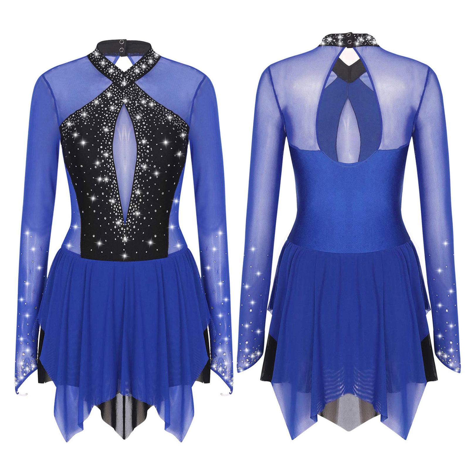 Frauen Glänzende Strass Eiskunstlauf Kleid Ballett Rhythmische Gymnastik Lyrical Dance Kostüm Langarm Sheer Mesh Trikot Kleid XL blau von Joom DACH