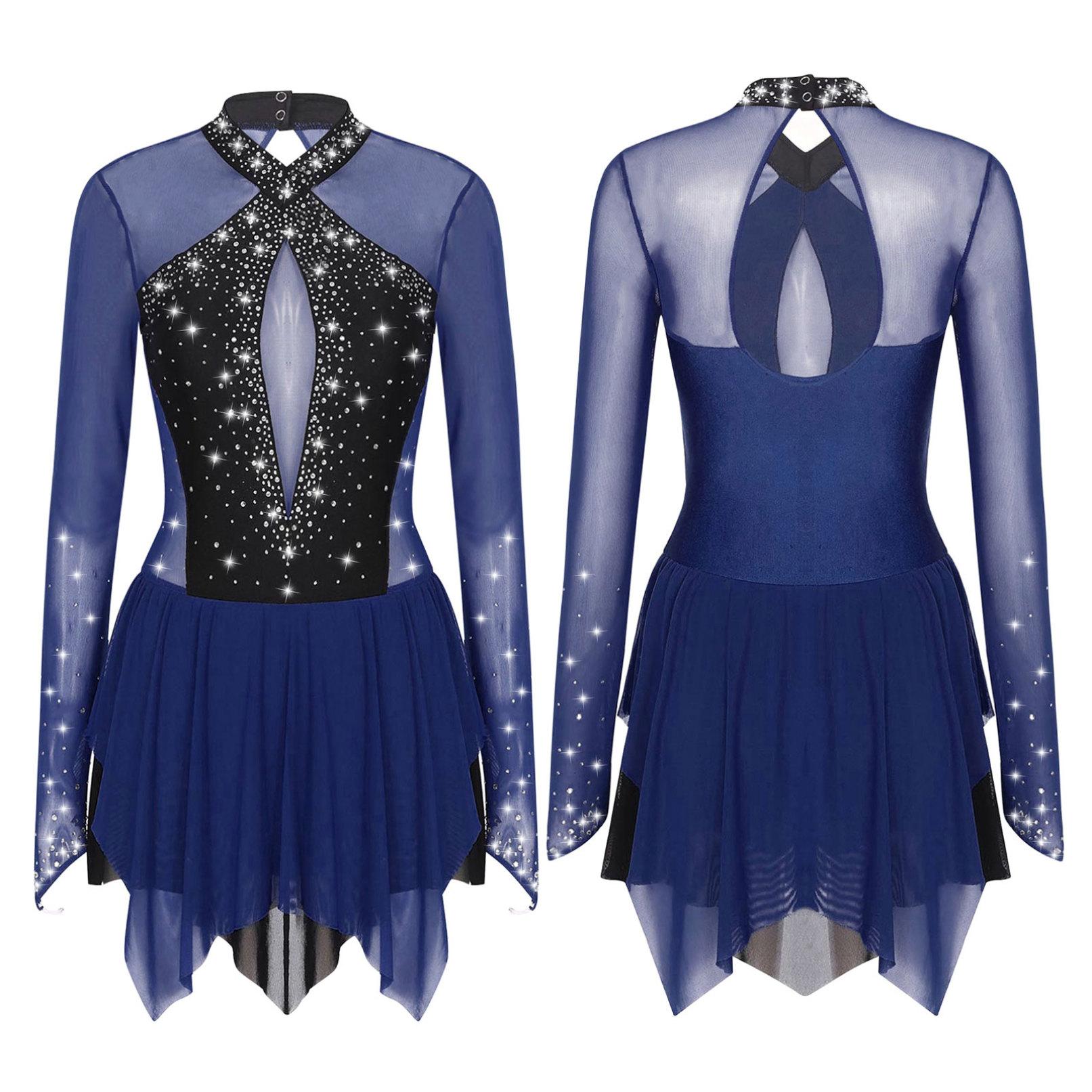 Frauen Glänzende Strass Eiskunstlauf Kleid Ballett Rhythmische Gymnastik Lyrical Dance Kostüm Langarm Sheer Mesh Trikot Kleid XL navy blau von Joom DACH
