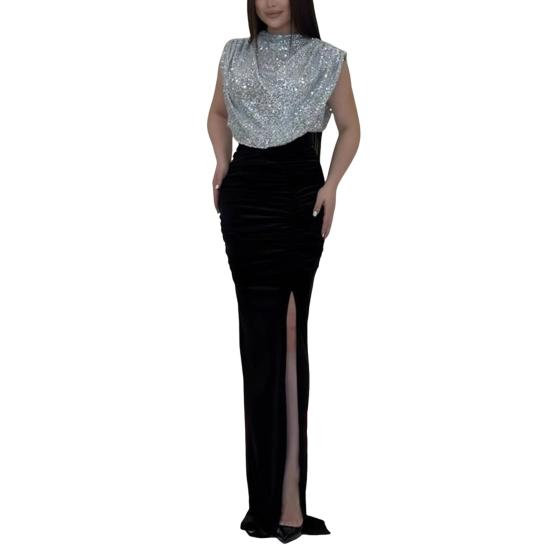 Frauen Glitter Kleid Rundhals Ärmellose Hohe Taille Dame Pailletten Split Lange Kleid Abend Party XL silber von Joom DACH