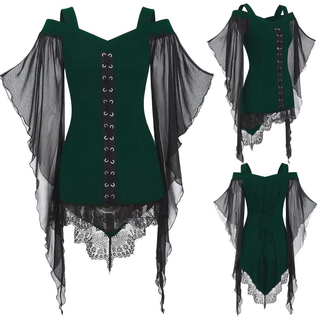 Frauen Gothic Criss Cross Spitze Einsatz Ärmel T-shirt Plus Größe Tops M grün von Joom DACH