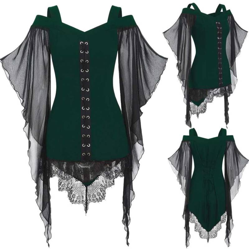 Frauen Gothic Criss Cross Spitze Einsatz Ärmel T-shirt Plus Größe Tops M grün von Joom DACH