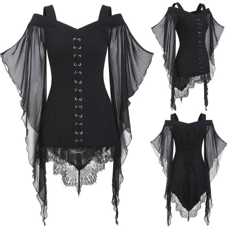 Frauen Gothic Criss Cross Spitze Einsatz Ärmel T-shirt Plus Größe Tops S-2XL schwarz von Joom DACH