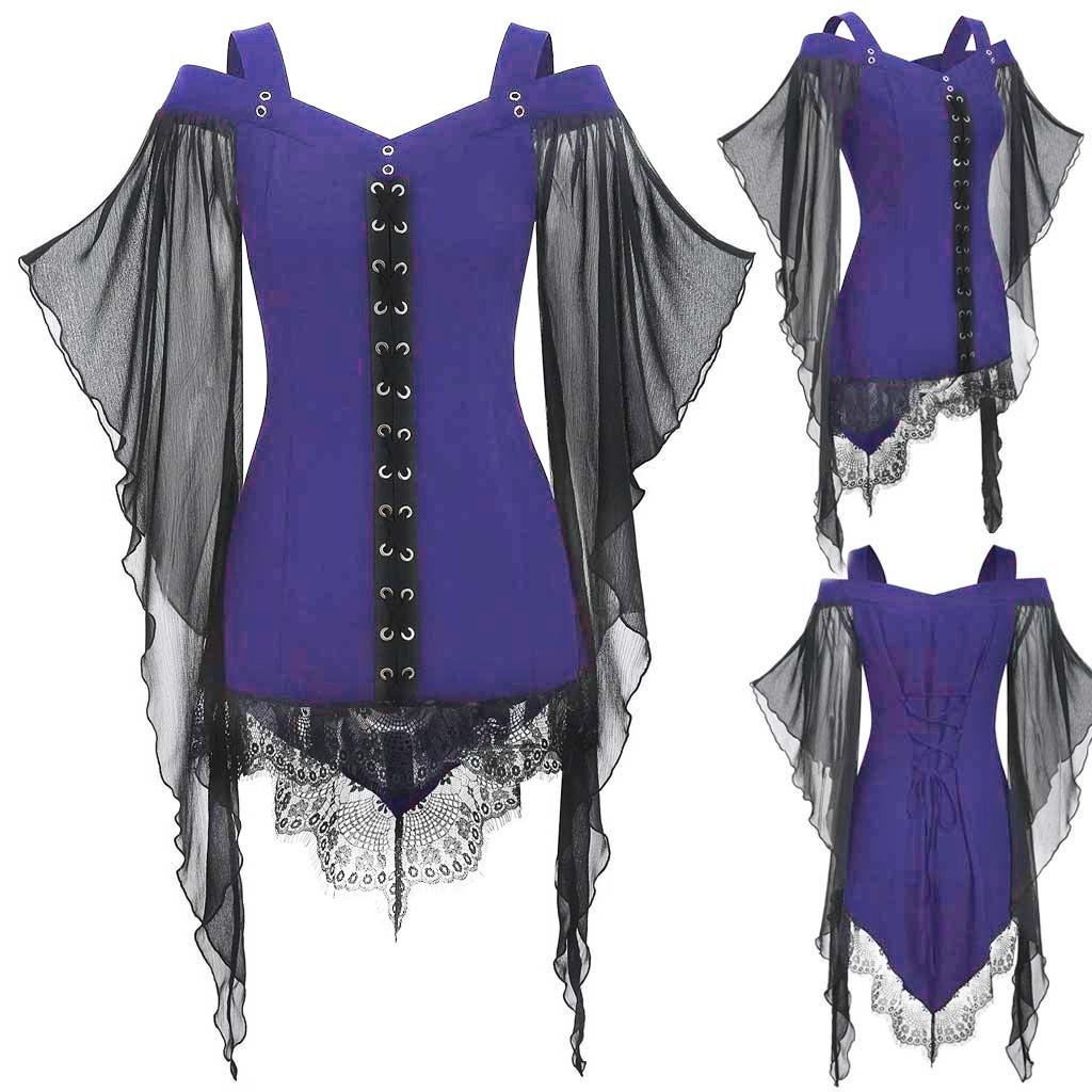 Frauen Gothic Criss Cross Spitze Einsatz Ärmel T-shirt Plus Größe Tops XXL von Joom DACH