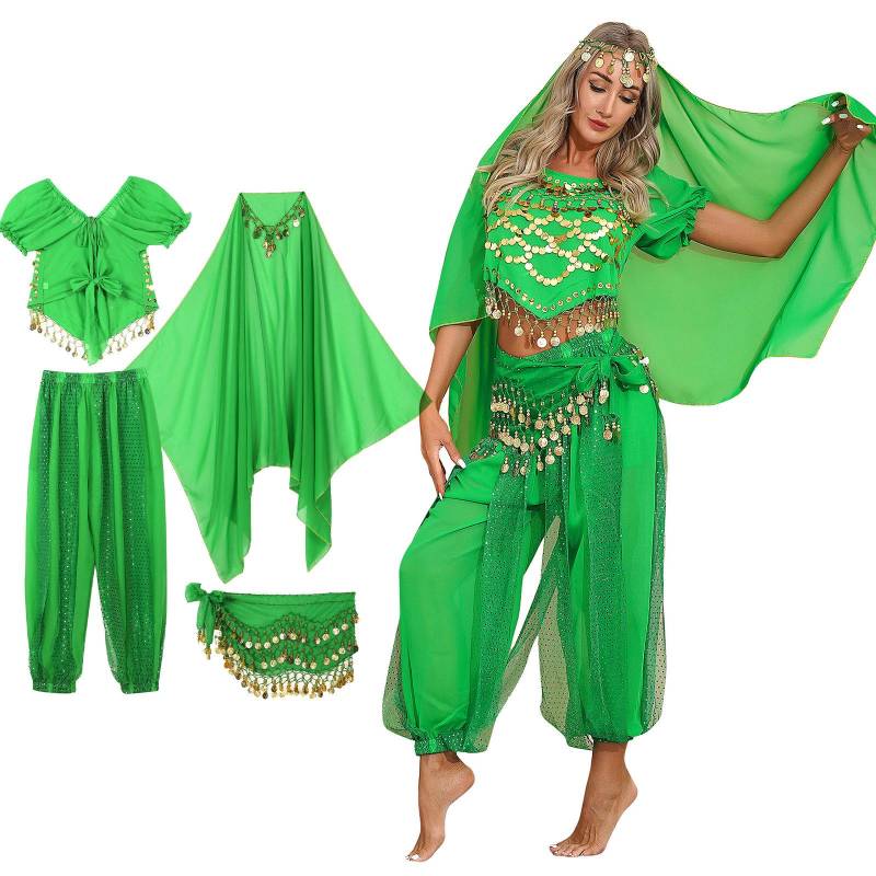 Frauen Halloween Karneval Bühnenauftritt Ägypten Bauchtanz Kostüm Bollywood Indisches Tanzkleid Chiffon Sari Set grün von Joom DACH