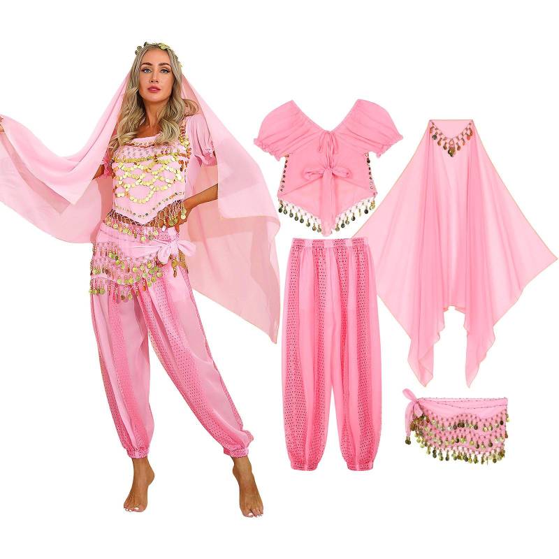 Frauen Halloween Karneval Bühnenauftritt Ägypten Bauchtanz Kostüm Bollywood Indisches Tanzkleid Chiffon Sari Set hellrosa von Joom DACH