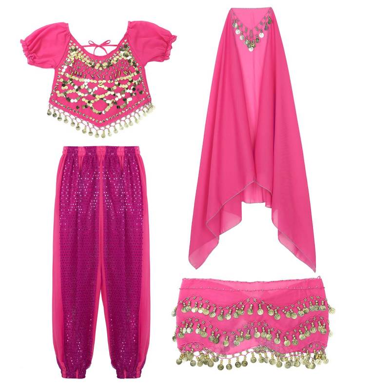 Frauen Halloween Karneval Bühnenauftritt Ägypten Bauchtanz Kostüm Bollywood Indisches Tanzkleid Chiffon Sari Set rosa von Joom DACH