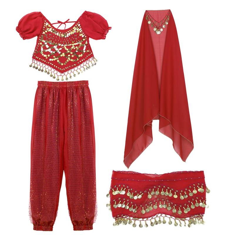 Frauen Halloween Karneval Bühnenauftritt Ägypten Bauchtanz Kostüm Bollywood Indisches Tanzkleid Chiffon Sari Set rot von Joom DACH