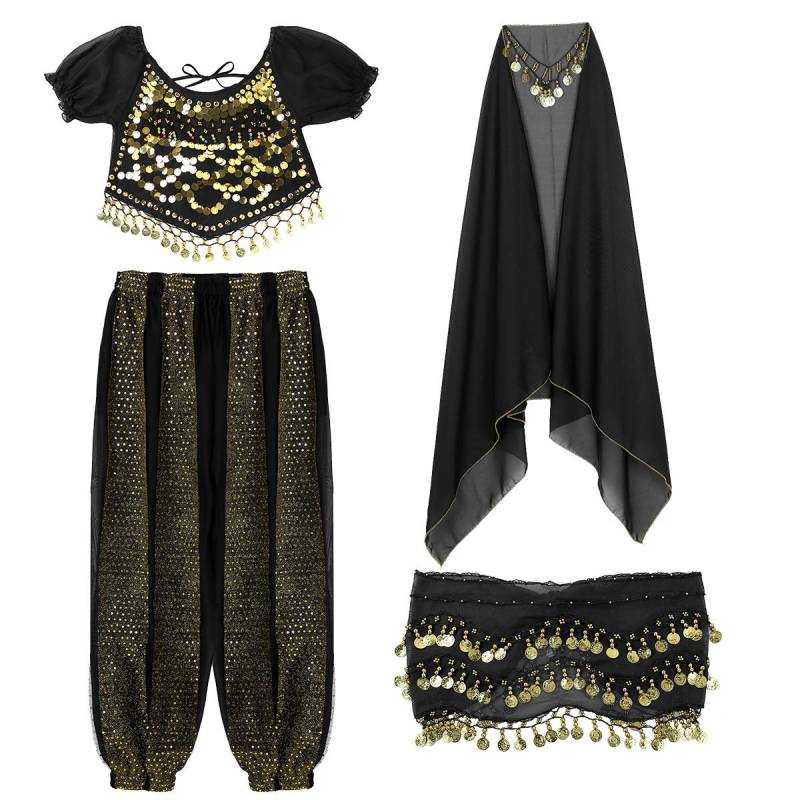 Frauen Halloween Karneval Bühnenauftritt Ägypten Bauchtanz Kostüm Bollywood Indisches Tanzkleid Chiffon Sari Set schwarz von Joom DACH