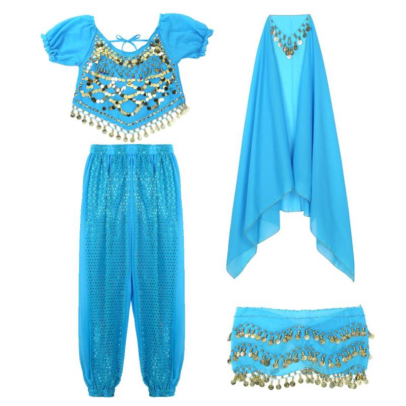 Frauen Halloween Karneval Bühnenauftritt Ägypten Bauchtanz Kostüm Bollywood Indisches Tanzkleid Chiffon Sari Set see-blaue von Joom DACH