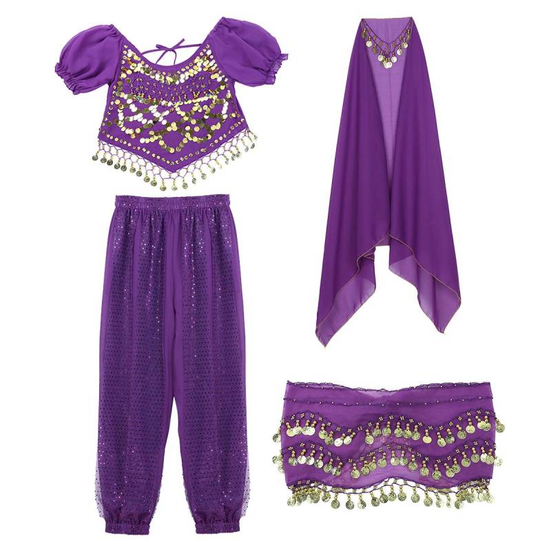 Frauen Halloween Karneval Bühnenauftritt Ägypten Bauchtanz Kostüm Bollywood Indisches Tanzkleid Chiffon Sari Set violett von Joom DACH