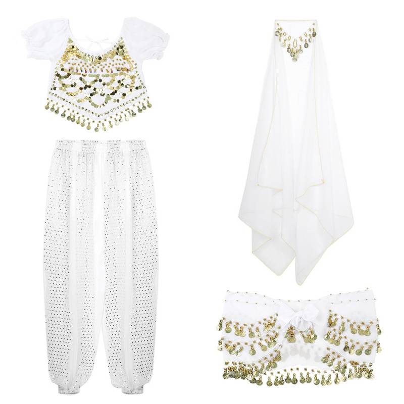 Frauen Halloween Karneval Bühnenauftritt Ägypten Bauchtanz Kostüm Bollywood Indisches Tanzkleid Chiffon Sari Set weiß von Joom DACH